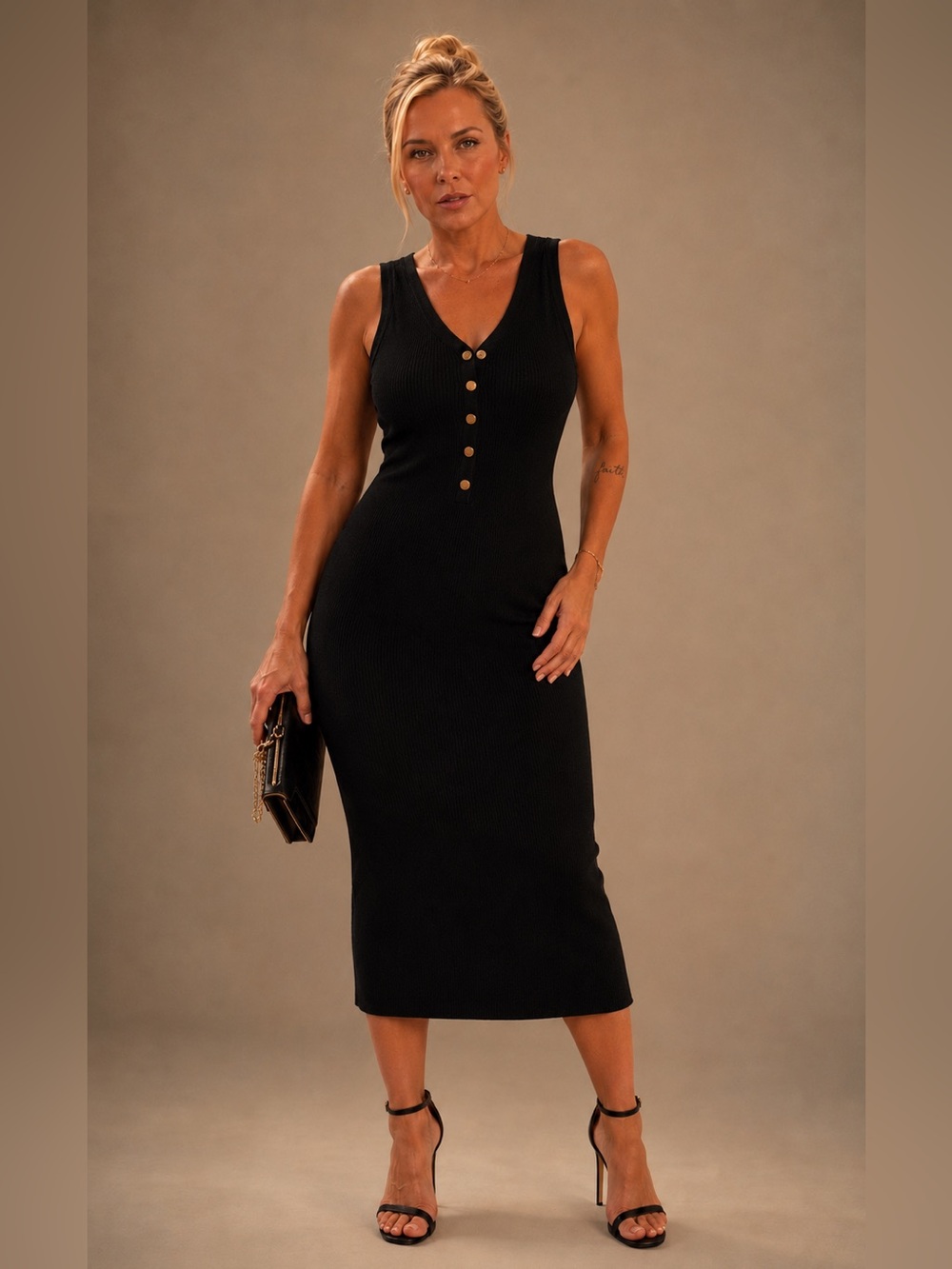 Classic Black Ribbed Button-Front Women's Dress sz S